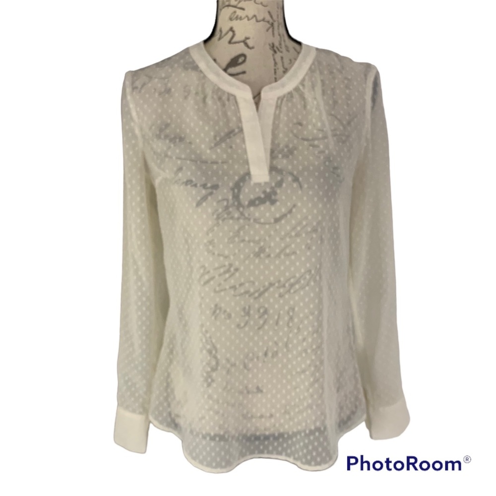 Express Flat Collar V-Neck Semi-Sheer Swiss Dot Long Sleeve Blouse Top Ivory XS